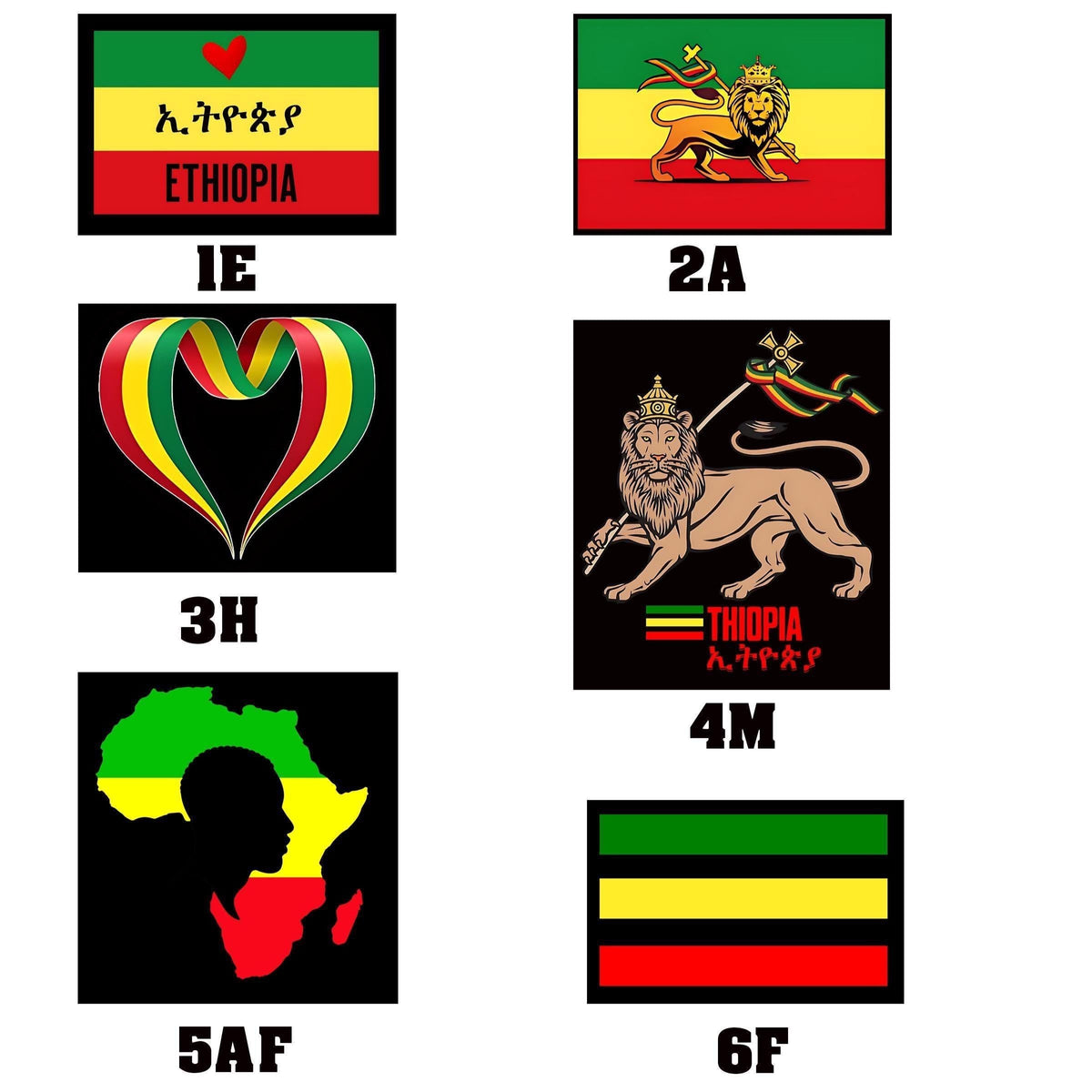 Six Ethiopia-themed graphic designs on a white background, .