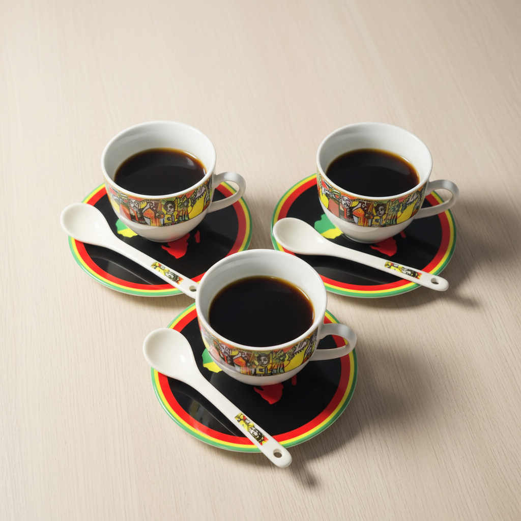 Three white ceramic coffee cups filled with black coffee, each with a matching saucer, spoon, and printed colorful pattern, arranged on a light beige surface.