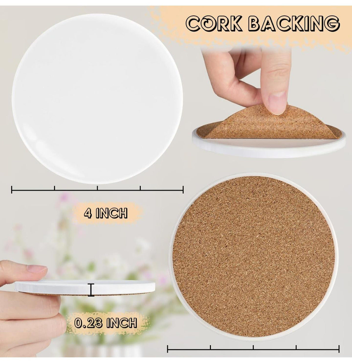 A product infographic showing a round white coaster with cork backing. The image includes a top-down view of the coaster, a close-up of the cork backing, a hand lifting the coaster to show the cork layer, and dimension labels indicating a 4-inch diameter and 0.