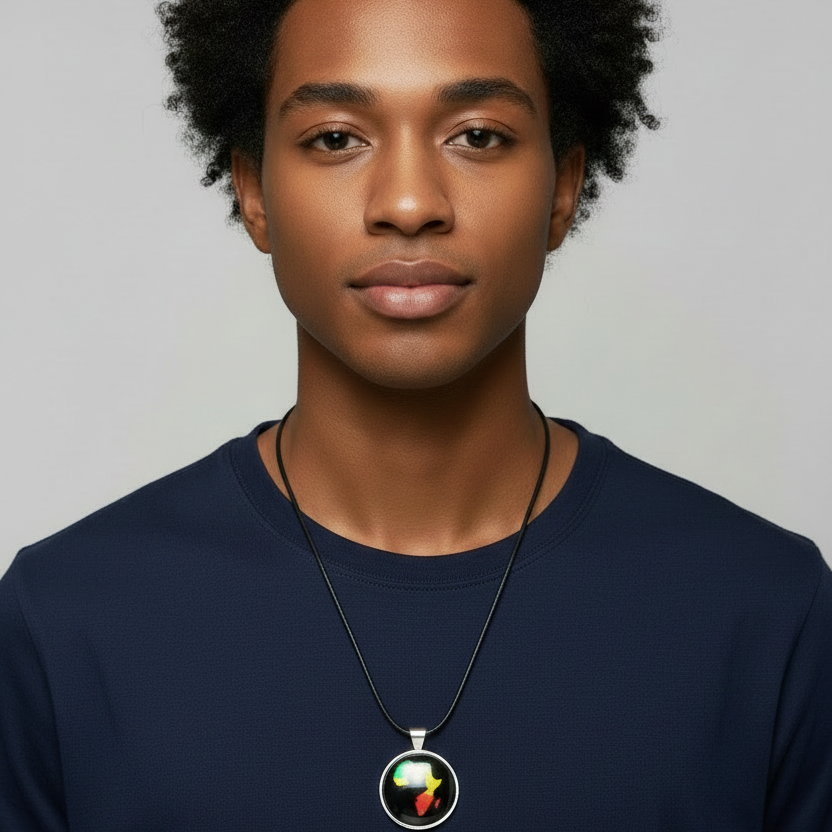 A man with dark curly hair wearing a navy blue t-shirt and a black cord necklace with a circular pendant featuring the Texas state flag, set against a plain light gray background.