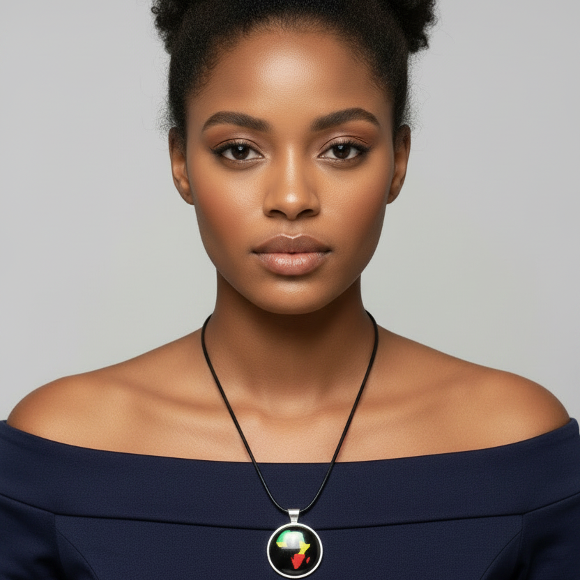 A woman with dark curly hair styled in a high bun, wearing a navy off-the-shoulder top and a black cord necklace with a circular pendant featuring the Ugandan flag, set against a plain gray background.