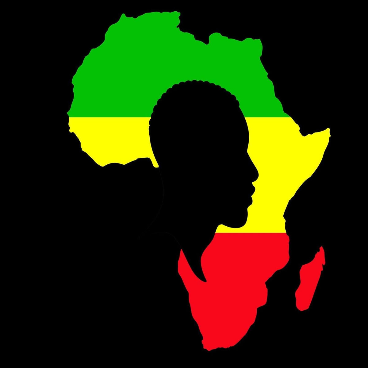 A black silhouette of a person's profile overlaid on the map outline of Africa, filled with horizontal green, yellow, and red stripes resembling the Ethiopian flag, on a solid black background.