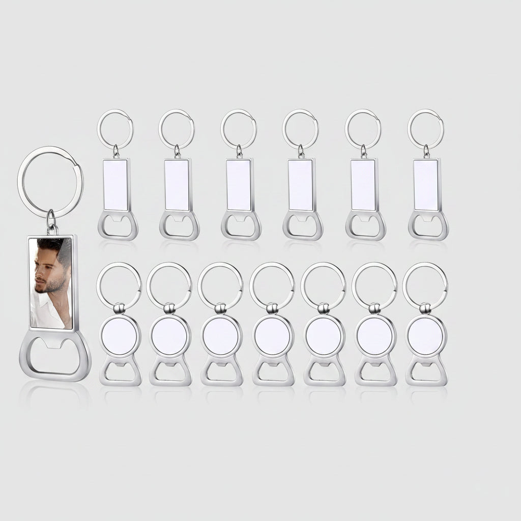 A set of silver metal bottle opener keychains, including one customized example with a photo insert and nine blank keychains, displayed on a clean white background.