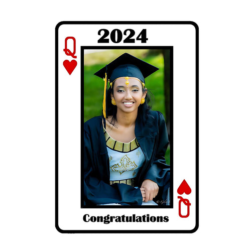 A square graduation-themed playing card design on a white background. The card shows a portrait of a woman in a black graduation cap and gown with a yellow tassel, with the text '2024' at the top and 'Congratulations' at the bottom.
