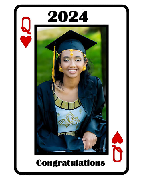 A playing-card style graduation card design with a portrait of a woman in a black graduation cap and gown, the number 2024 at the top, red heart suit symbols, and the word Congratulations at the bottom.