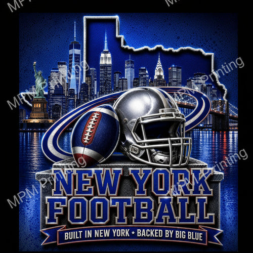 A graphic design featuring a football helmet and football in front of a New York City skyline at night, with the text 'NEW YORK FOOTBALL' and 'BUILT IN NEW YORK • BACKED BY BIG BLUE'.