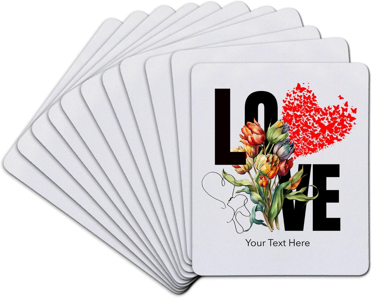 A stack of square white cards or coasters fanned out on a white background, with the front card showing a floral bouquet, the word LOVE in black and red, and placeholder text 'Your Text Here'.