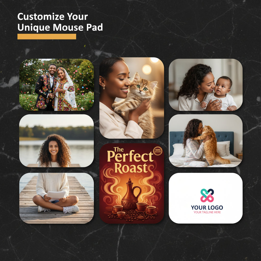 Collage of various images with text overlay for customizable mouse pad design.