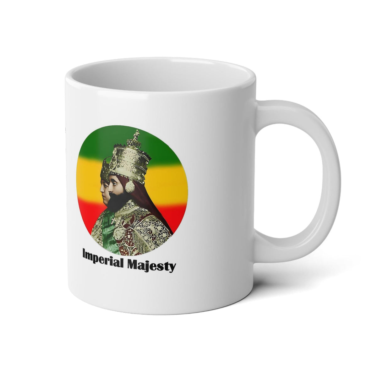 A white ceramic mug featuring a circular graphic of a bearded man in ornate traditional attire against a green, yellow, and red background, with the text 'Imperial Majesty' printed below.