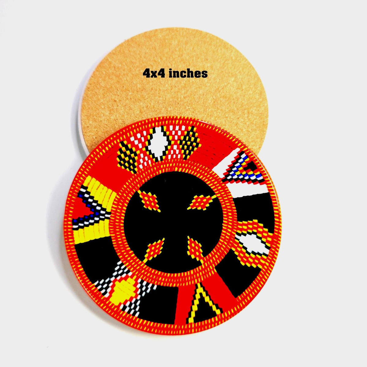 A round beaded decorative plaque or coaster shown from both sides. The front side features a vibrant African tribal-inspired geometric pattern in red, black, yellow, white, and blue.