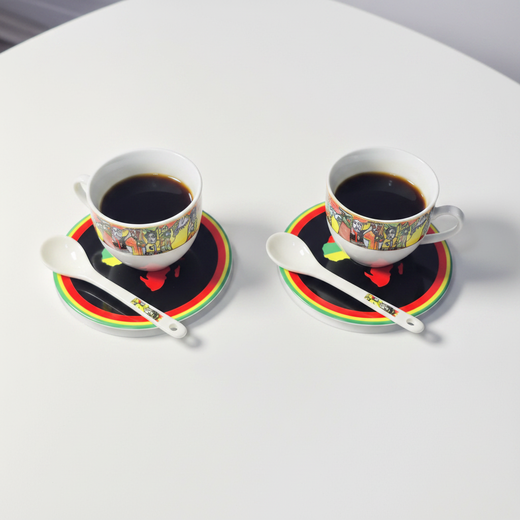 Two white ceramic cups filled with black coffee sit on matching saucers, each with a white spoon, arranged on a white table. The cups and saucers feature a colorful illustrated border and a black lower section with red, yellow, and green stripes.