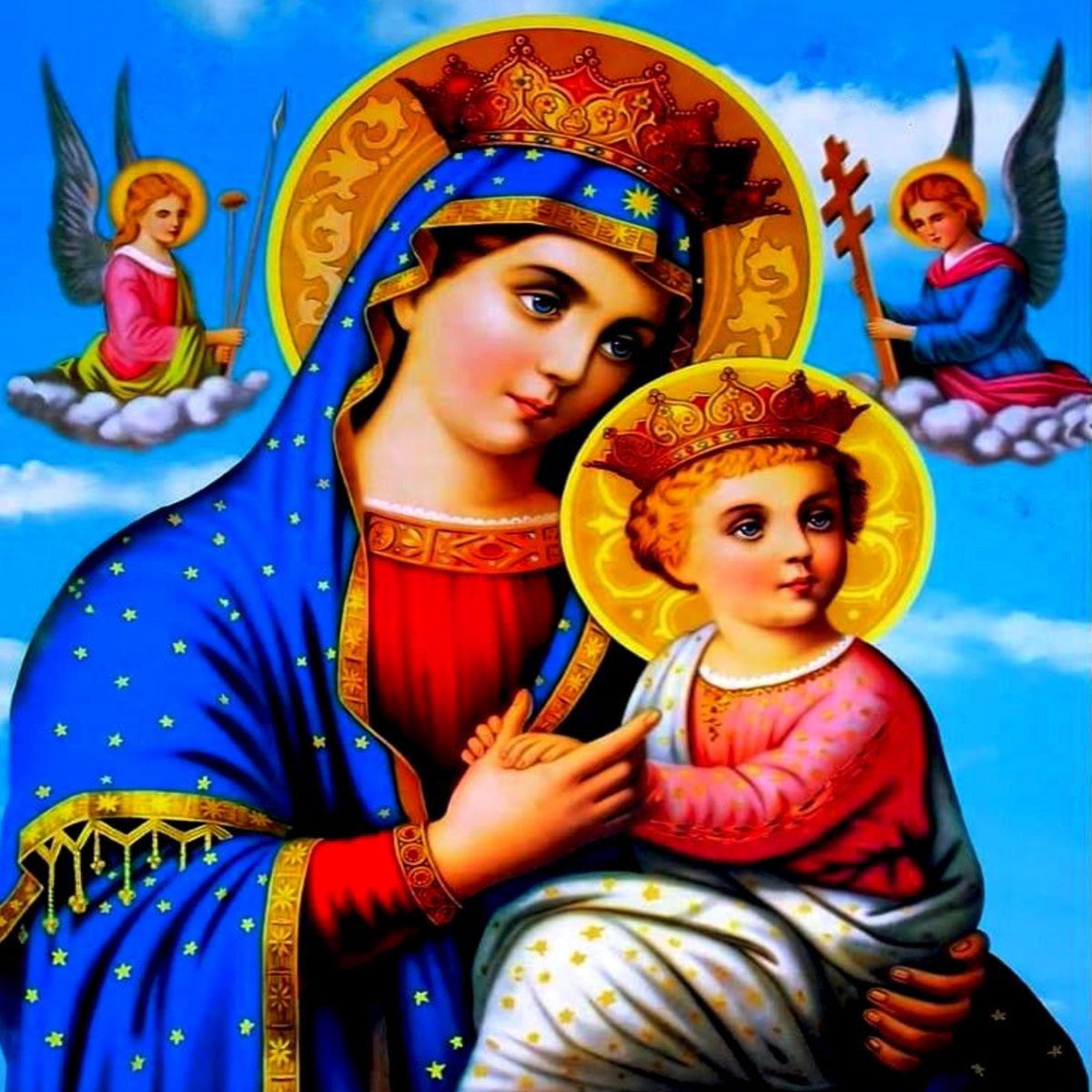 An Ethiopian Orthodox Christian icon depicting the Virgin Mary holding the Infant Jesus, with two angels on either side against a blue sky background. The image includes Amharic script at the top.