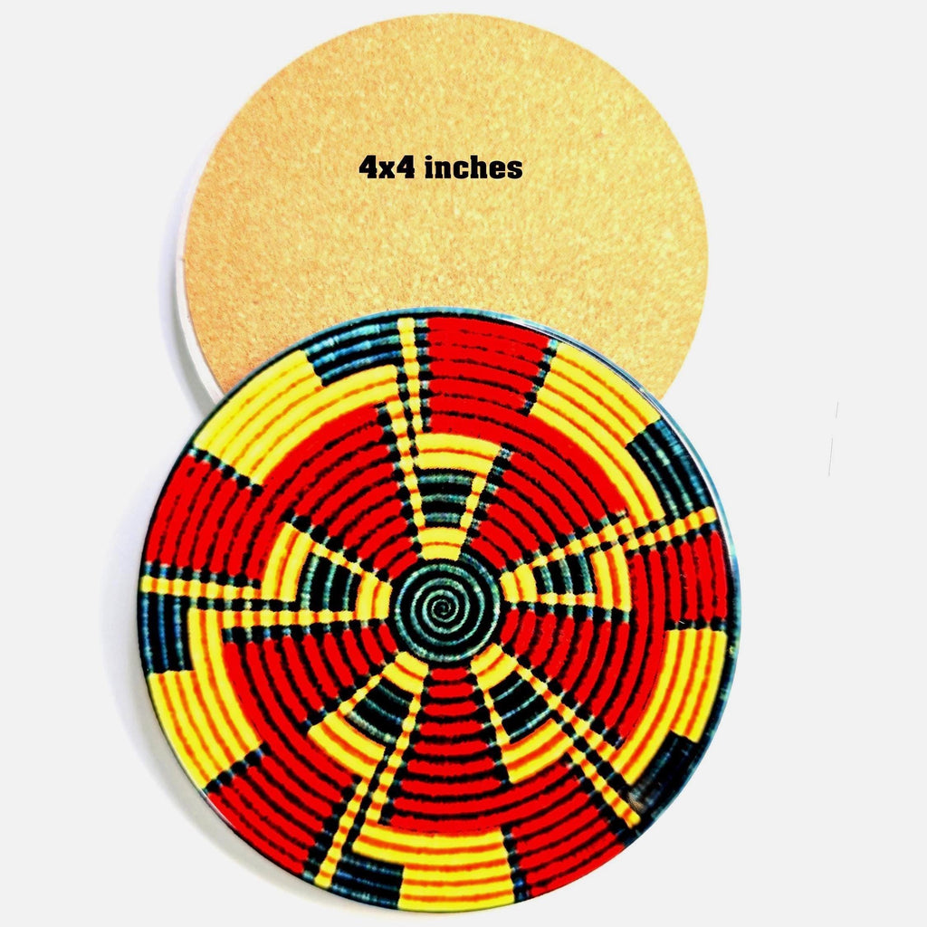 A round woven basket-style coaster or mat shown from two angles on a plain white background. The front view shows a red, yellow, and black geometric woven pattern, and the back view is a plain tan surface with the text '4x4 inches' printed on it.