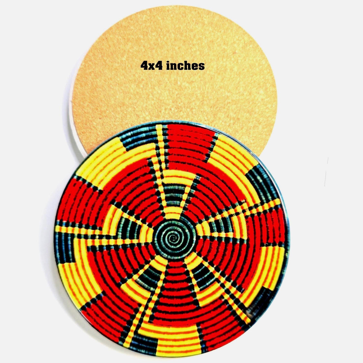 A round woven basket-style coaster or mat shown from two angles on a plain white background. The front view shows a red, yellow, and black geometric woven pattern, and the back view is a plain tan surface with the text '4x4 inches' printed on it.