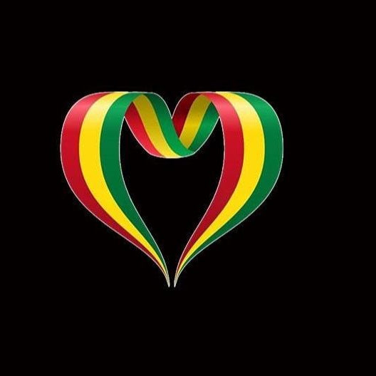A stylized heart-shaped ribbon or flag graphic with diagonal stripes of green, yellow, and red on a solid black background.