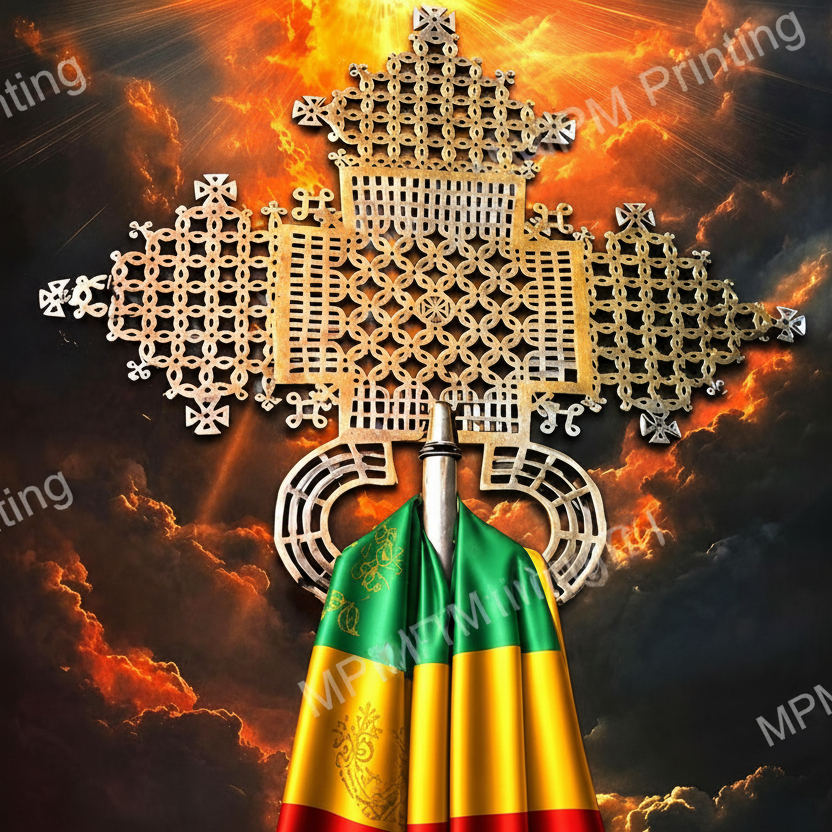 A golden ornate cross-like religious symbol set against a dramatic fiery sky, with a green, yellow, and red draped fabric or flag hanging in front of it.