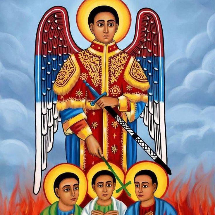 A religious icon-style painting showing a winged saint or angel in ornate red and gold robes standing above three children in flames, with blue clouds in the background.