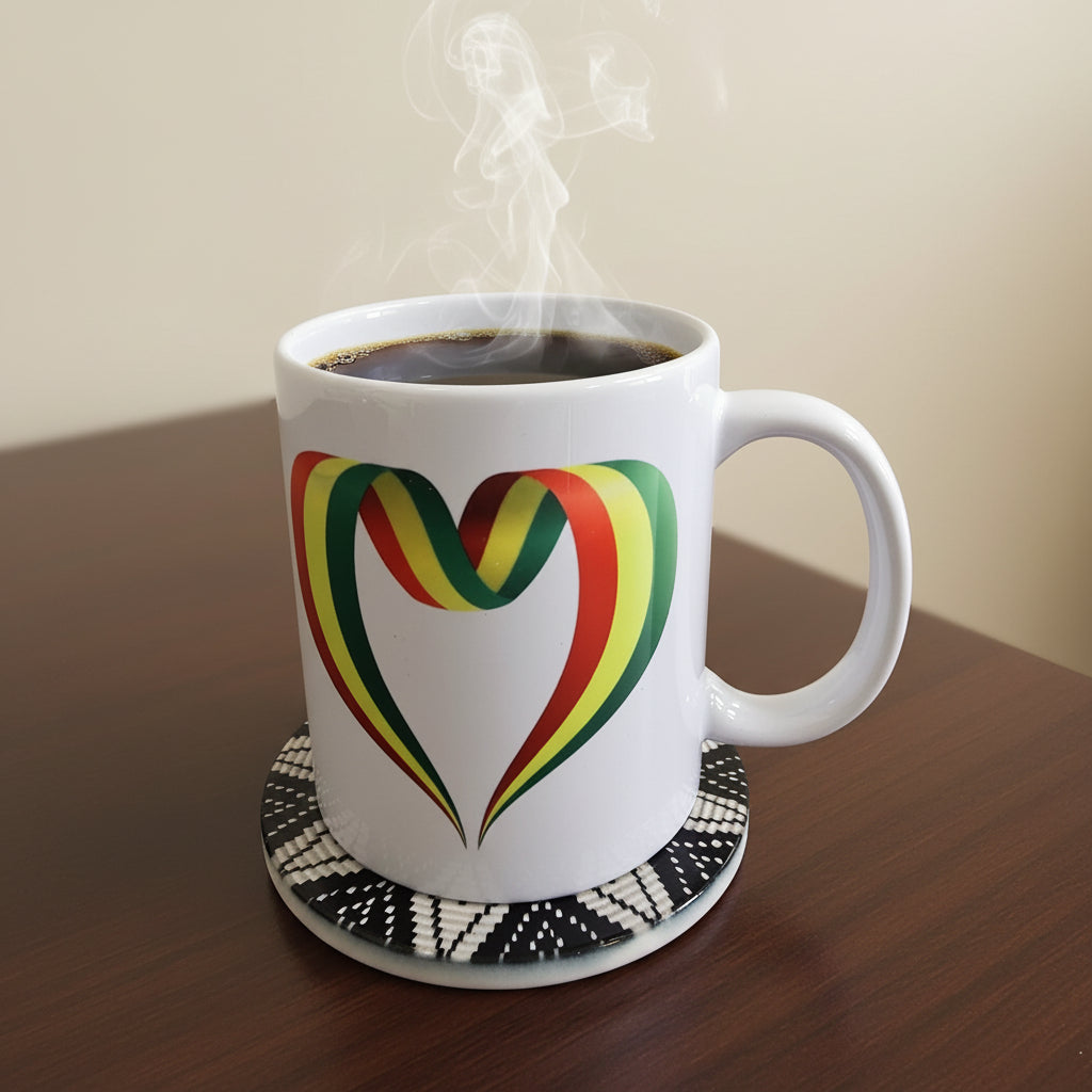 A white ceramic coffee mug with a colorful heart graphic in green, yellow, and red, resting on a black and white patterned coaster against a neutral beige background.