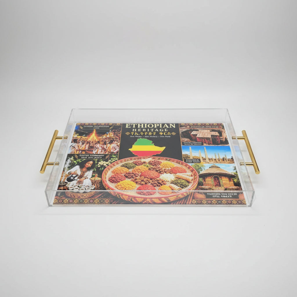 Modern Clear Acrylic Ethiopian Coffee Ceremony Tray | Habesha Serving Tray | Food-Safe Finish | 16 x 12 x 2 Inches