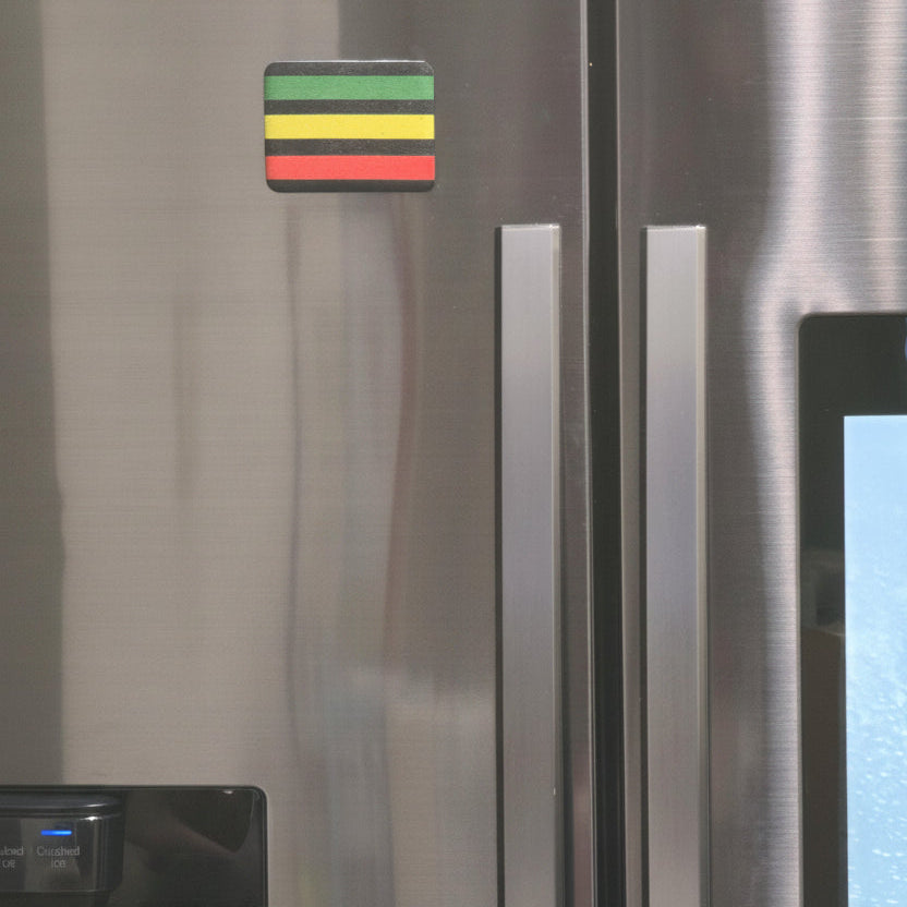 A rectangular refrigerator magnet with horizontal stripes of green, yellow, red, and black, attached to a stainless steel French door refrigerator.