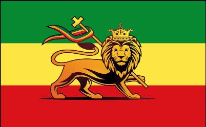 Rastafarian flag featuring a gold lion wearing a crown and a red cross on its forehead, set against a background of horizontal green, yellow, and red stripes.