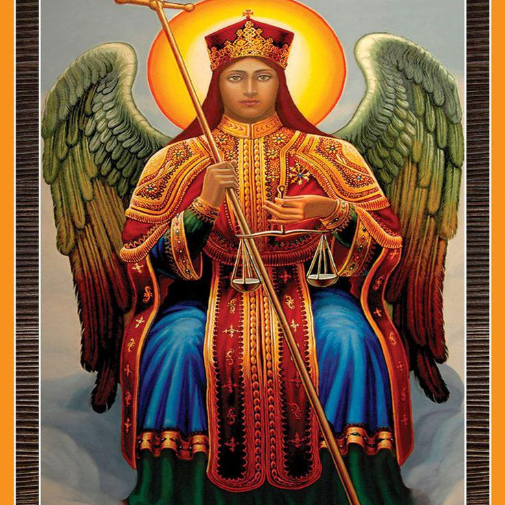 An Eastern Orthodox religious icon of Archangel Michael the Arch-Prime Minister, depicted with green and red wings, a gold halo, and ornate red and blue robes, framed by a gold border.