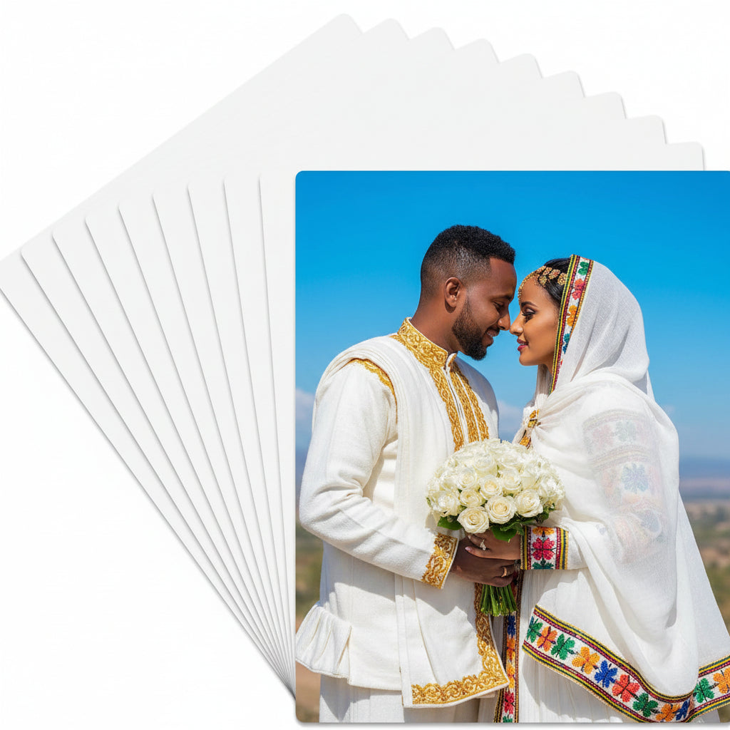 A stack of white photo printing sheets fanned out behind a completed sample print showing a bride and groom embracing on a blue seaside background. The main sellable item appears to be the custom photo print service/product rather than the people themselves, so this is best classified as Product/Packaging rather than Lifestyle.