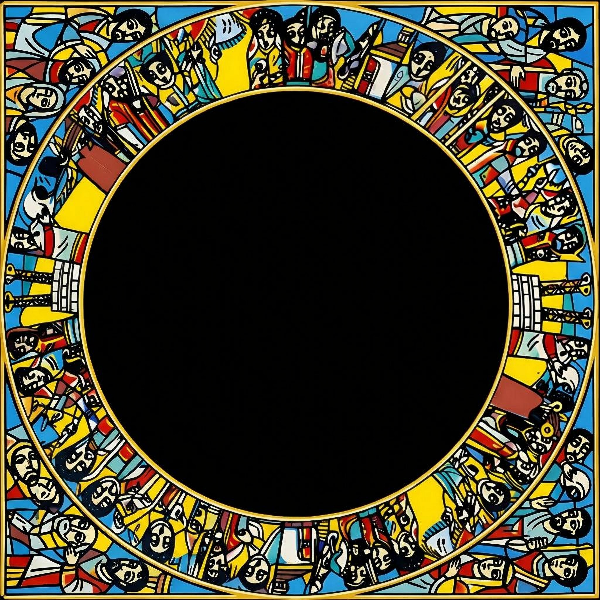 A circular black placeholder frame surrounded by a colorful medieval-style illustration border depicting various figures in robes against a blue and yellow background.