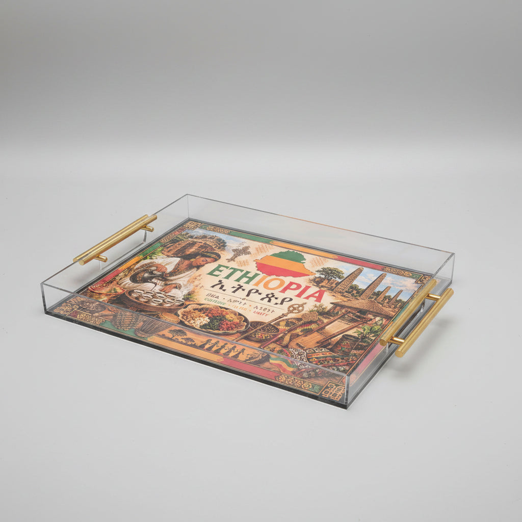 Modern Clear Acrylic Ethiopian Coffee Ceremony Tray | Habesha Serving Tray | Food-Safe Finish | 16 x 12 x 2 Inches
