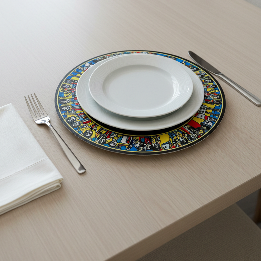 A place setting on a light wood dining table featuring a stack of three ceramic plates with a colorful illustrated border, accompanied by a folded white napkin, silver fork, knife, and white chair in the background.