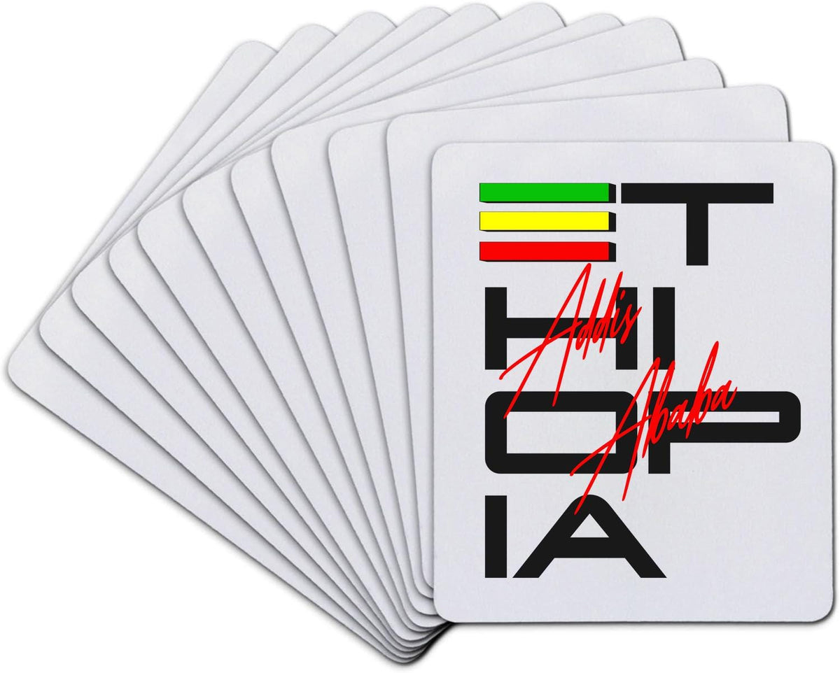 A fan of square white coasters, with one front coaster showing bold black text reading 'THIOPA' over a red script signature, plus small green, yellow, and red horizontal stripes near the top.