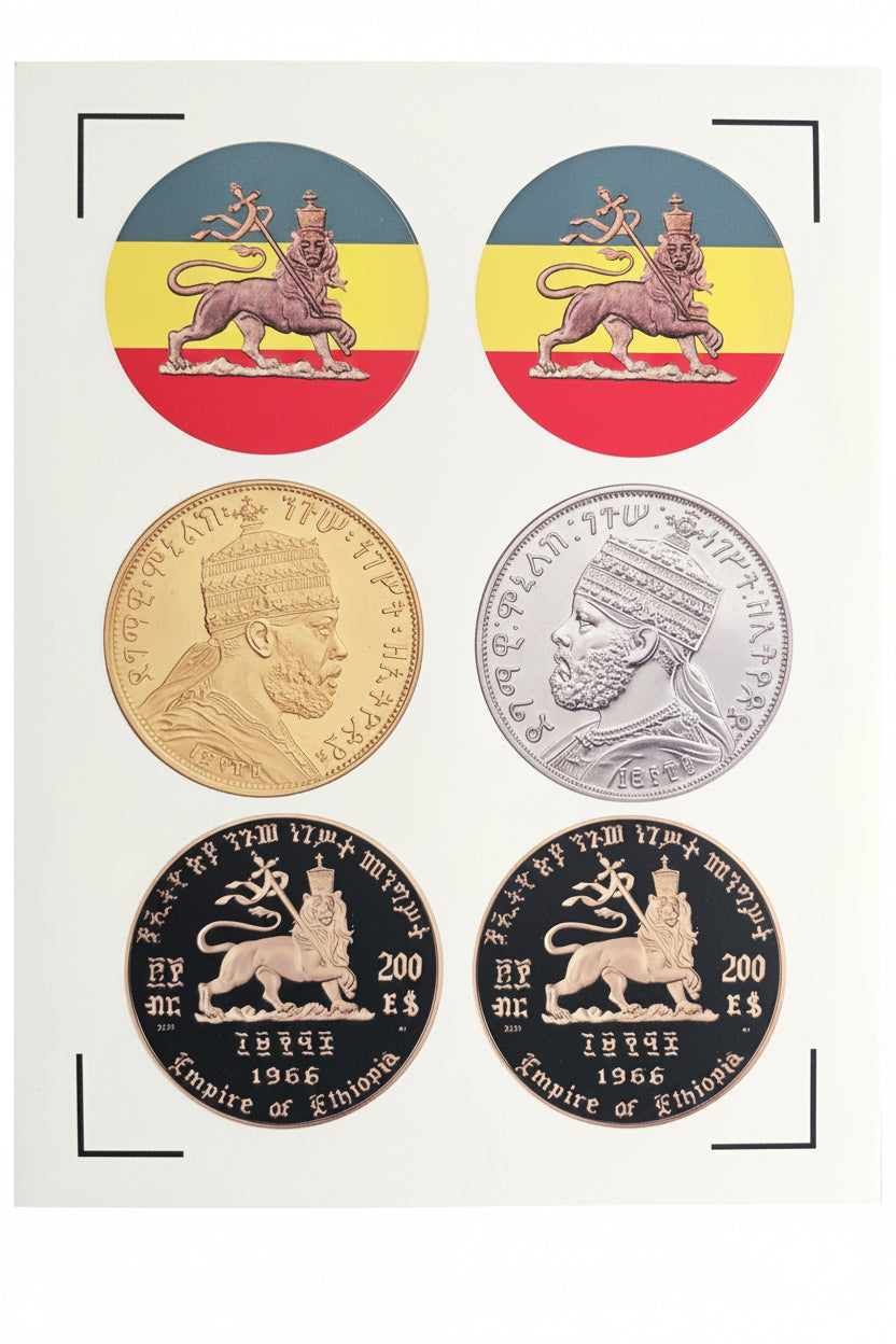 Six circular and oval emblems or stickers featuring Ethiopian symbols and flags arranged on a white background, including lion motifs and portrait designs.