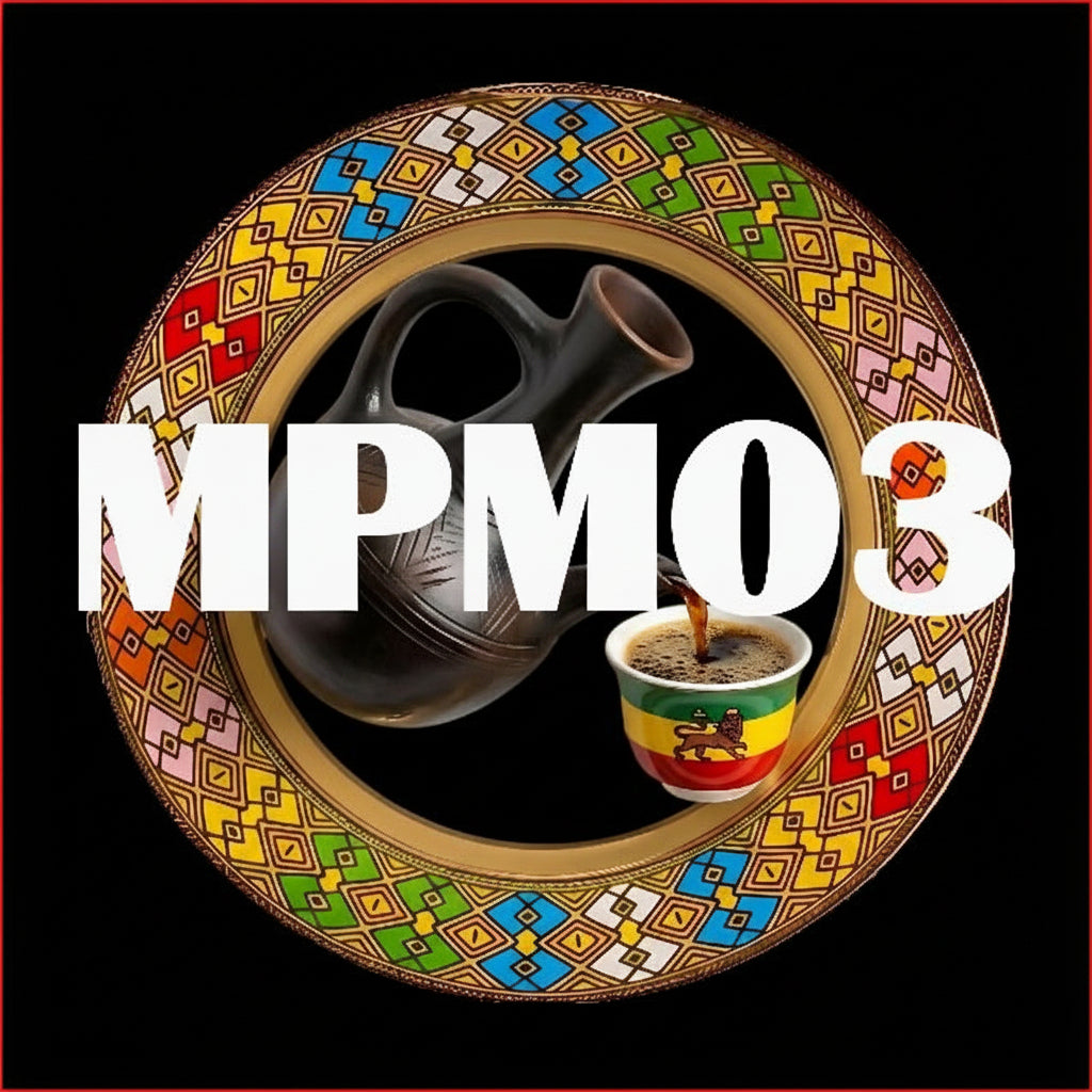 A circular graphic featuring a black ceramic jug pouring into a small cup with Rastafarian flag colors, overlaid with the large white text 'MPMO3' on a patterned circular border. The background is a gray and white checkerboard transparency pattern.