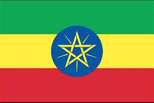 Ethiopian flag with horizontal green, yellow, and red stripes and a blue circle containing a yellow star in the center.
