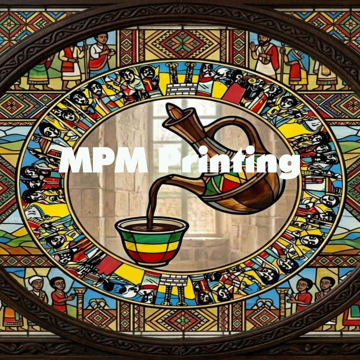 A colorful stained-glass-style artwork with a central circular scene showing a brown pitcher pouring dark liquid into a striped bowl, overlaid with the white text 'MPM Printing.' The outer border contains many small illustrated figures in red, blue, yellow, black, and brown geometric patterns.