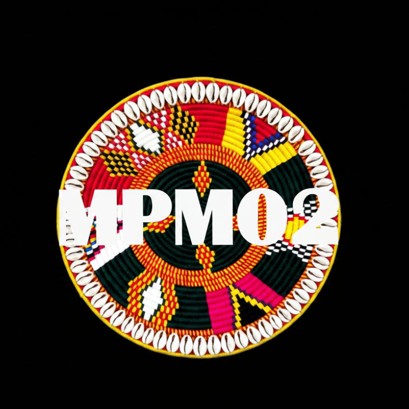 A round woven basket or tray with a colorful geometric pattern in red, yellow, black, orange, pink, and white, featuring a border of white shell-like pieces. Large white text reading 'MPM02' is overlaid across the center.