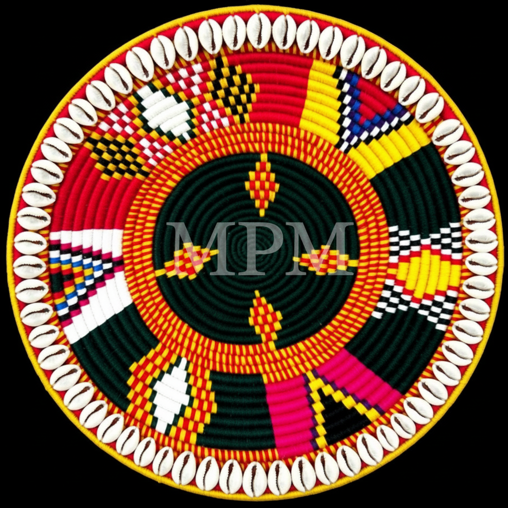 A round woven basket tray with a vibrant Southwestern geometric pattern, featuring a central black spiral, colorful geometric segments, and a border of white cowrie shells on a white background.