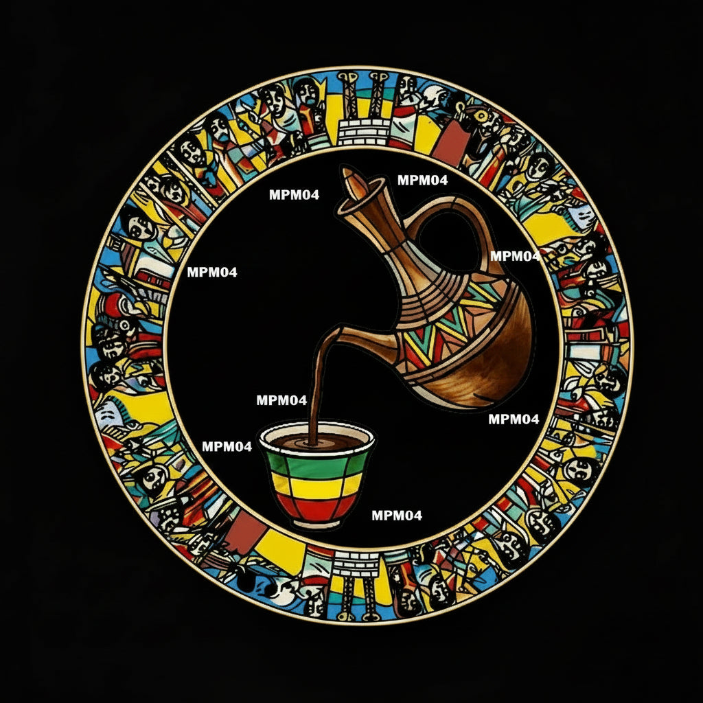 A circular graphic design featuring a black center with a brown coffee pot pouring into a red, yellow, and green striped cup, surrounded by a detailed multicolor border of illustrated figures. Large white text reading 'MPM04' overlays the center.