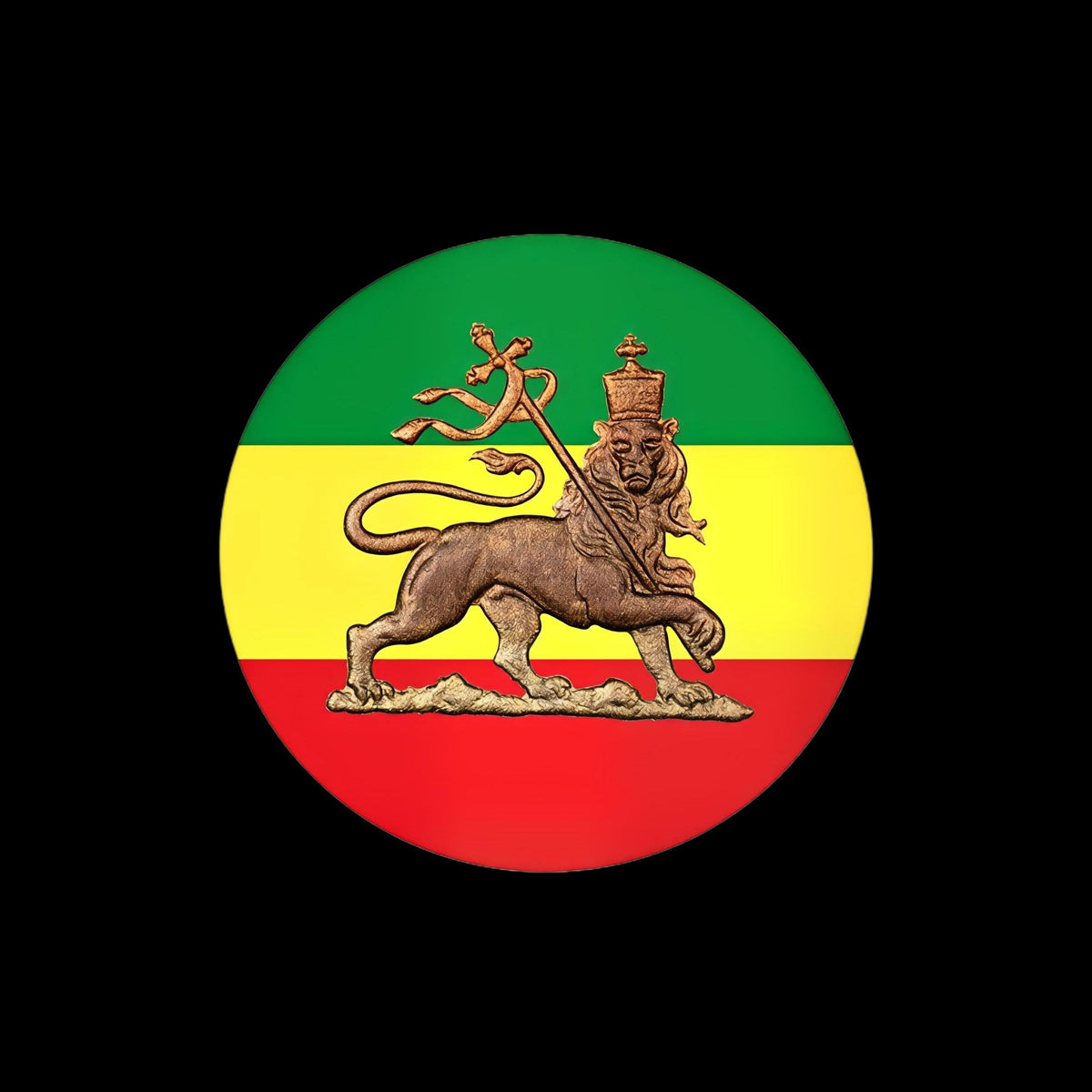 A circular emblem featuring the Ethiopian flag with its green, yellow, and red horizontal stripes and a bronze lion rampant in the center, shown on a solid black background.