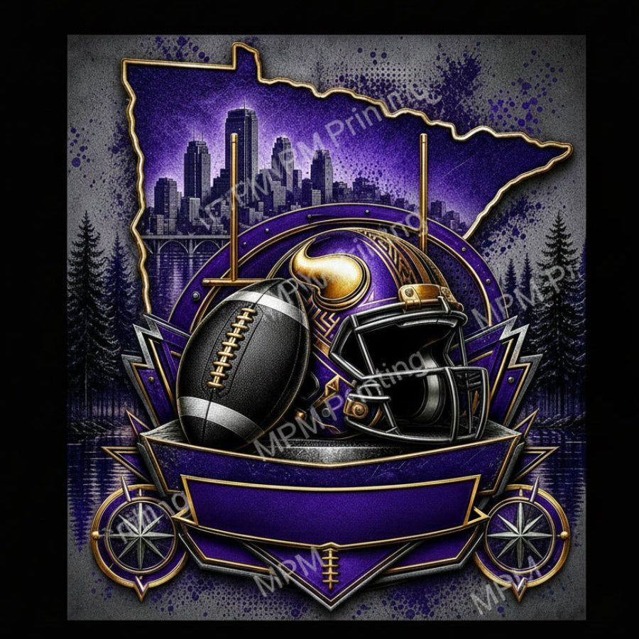 Minnesota Vikings themed graphic design featuring a football helmet and football in front of a purple Minnesota state outline with a city skyline, set on a dark textured background with pine trees.