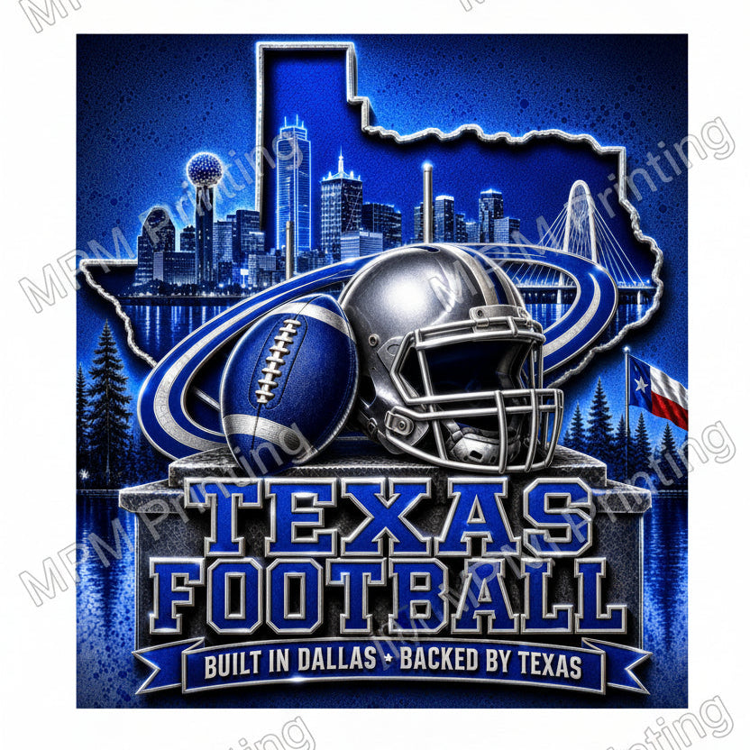 Texas Football graphic design featuring a football helmet and football in front of a Texas state outline with Dallas skyline, water reflections, and the text 'TEXAS FOOTBALL' and 'BUILT IN DALLAS * BACKED BY TEXAS'.