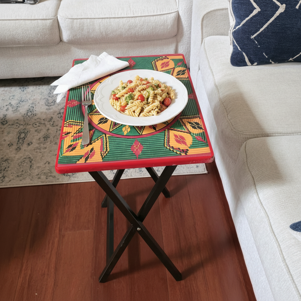 A rectangular folding side table with a colorful geometric patterned top and black X-frame legs, shown in a living room next to a sofa with a plate of pasta on top.