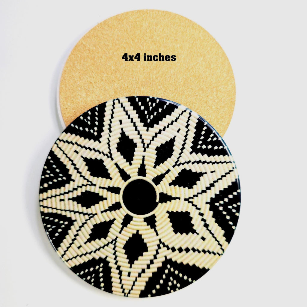 Two circular coaster mats shown on a light gray background. The top coaster is plain tan with the text '4x4 inches' printed on it.