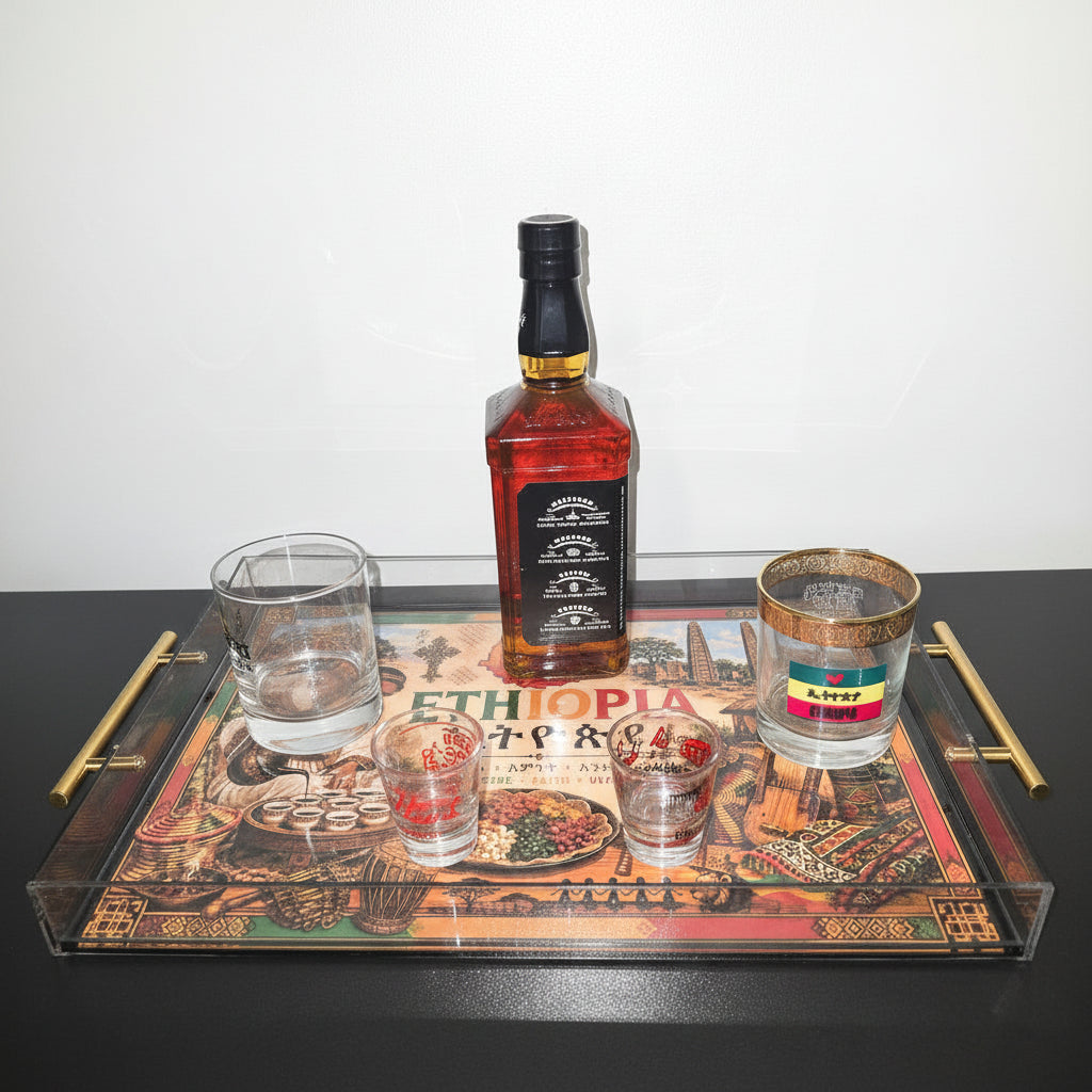 Modern Clear Acrylic Ethiopian Coffee Ceremony Tray | Habesha Serving Tray | Food-Safe Finish | 16 x 12 x 2 Inches