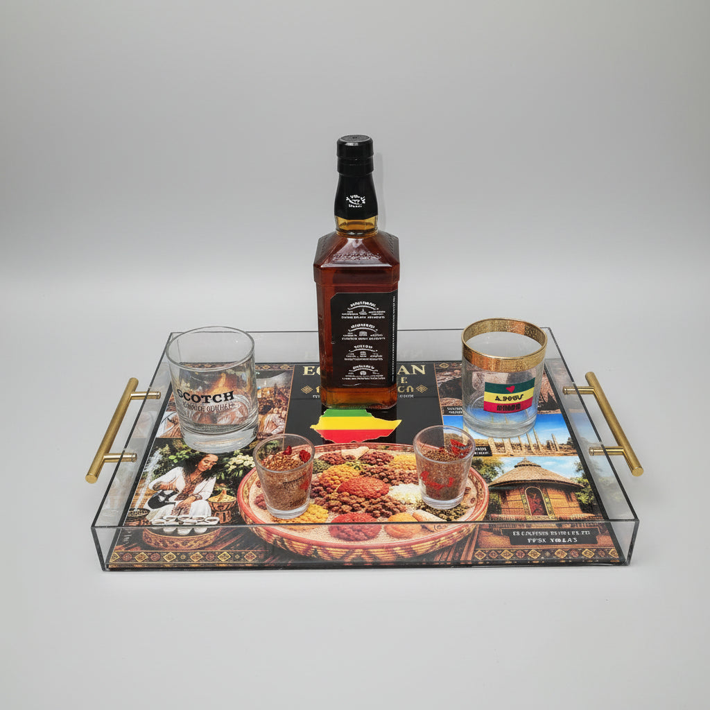 Modern Clear Acrylic Ethiopian Coffee Ceremony Tray | Habesha Serving Tray | Food-Safe Finish | 16 x 12 x 2 Inches