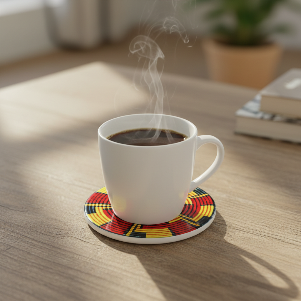 A white ceramic coffee mug filled with hot coffee and emitting steam, resting on a round coaster with a red, yellow, and black plaid pattern, set on a wooden table.