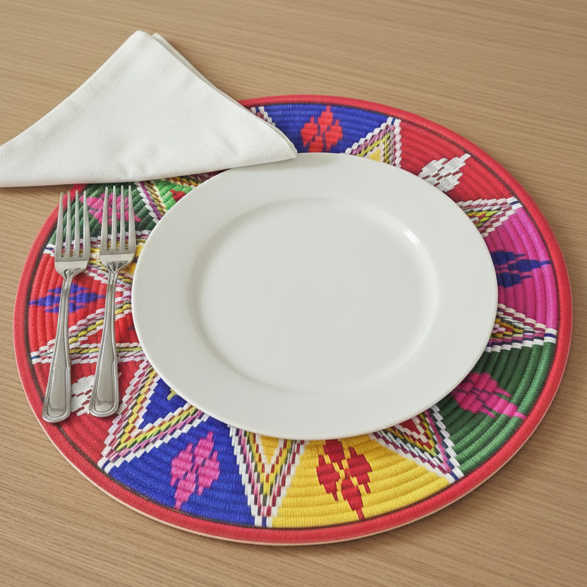 A place setting on a light wood table featuring a white ceramic plate layered on top of a round woven placemat with a red border and a multicolor geometric pattern in blue, yellow, green, pink, and orange. A folded white napkin and two silver forks are arranged beside the plate.