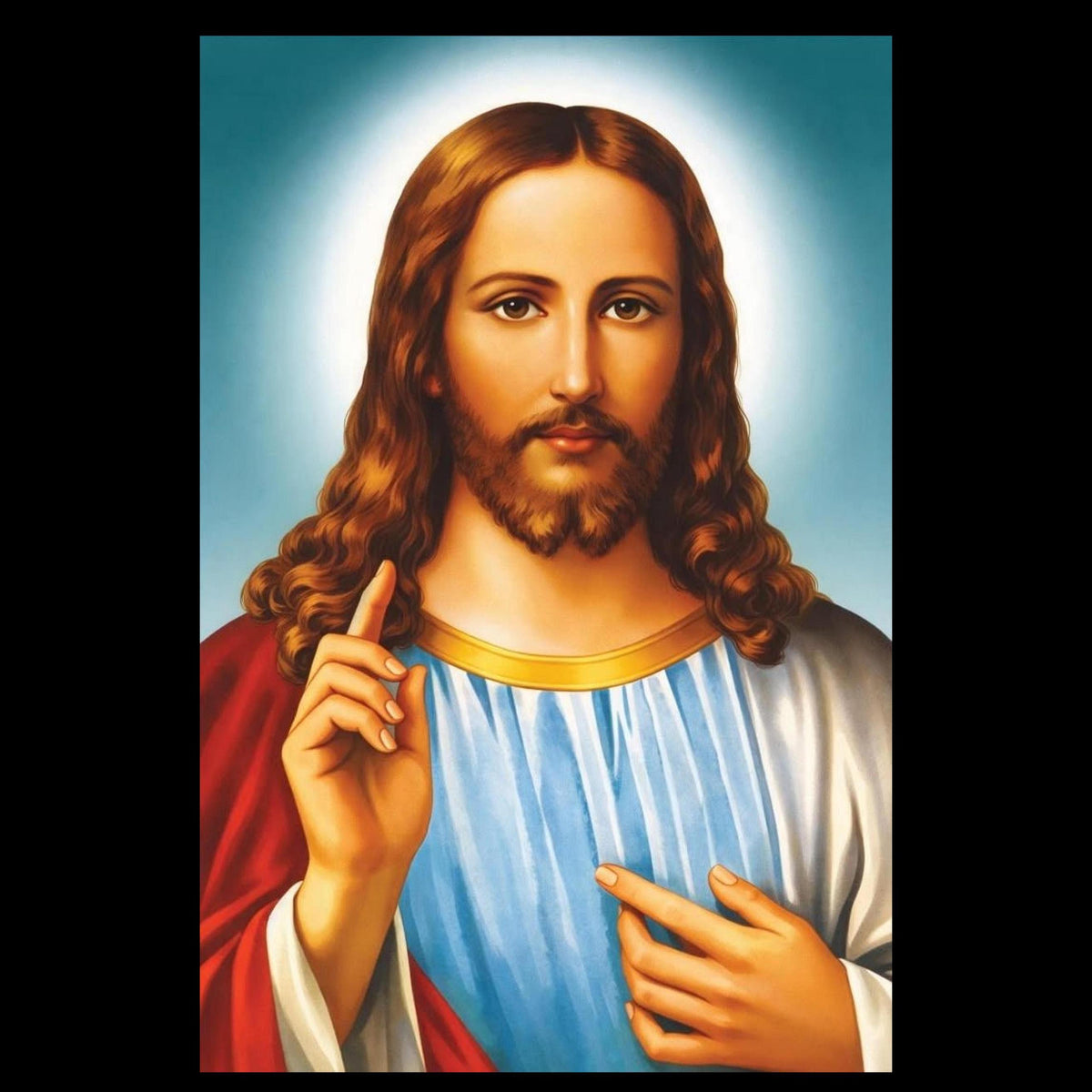 A religious portrait print of Jesus Christ with a blue background and black borders, showing His face, long brown hair, beard, and hands in a blessing gesture.