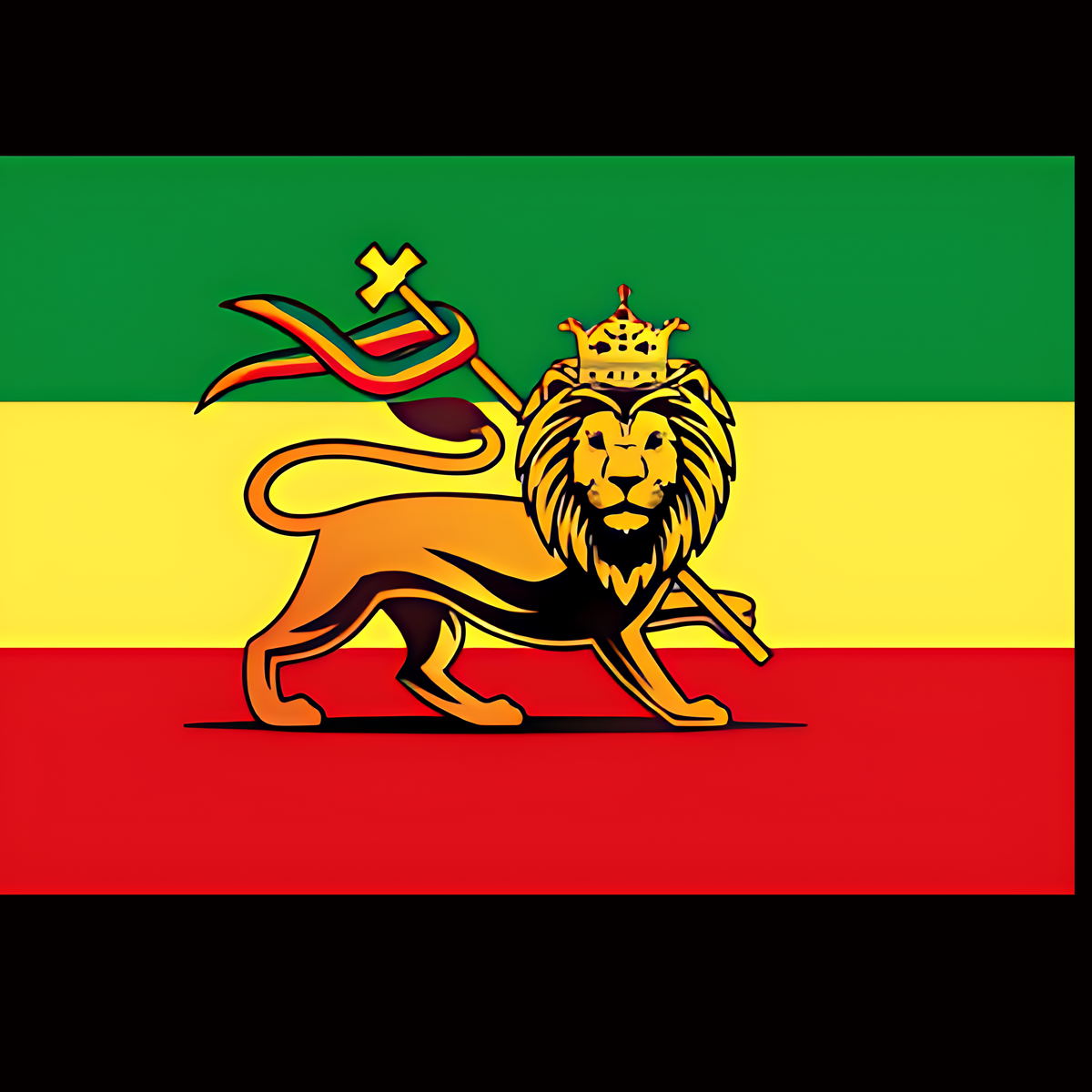 Ethiopian flag featuring three horizontal bands of green, yellow, and red, with a golden lion wearing a crown and holding a red and yellow banner in the center, shown on a black background.