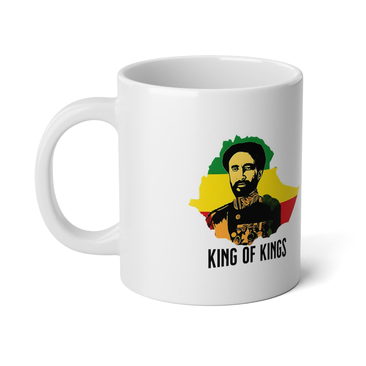 A white ceramic mug featuring a graphic print of a bearded man's portrait over a green, yellow, and red map silhouette, with the text 'KING OF KINGS' printed below in black.